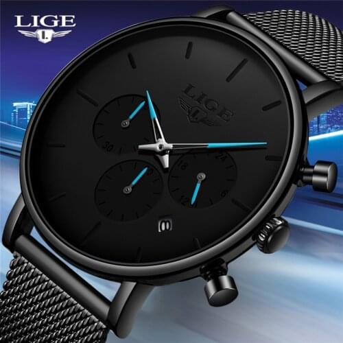 Reloje LIGE Mesh Steel Mens Watches Fashion Top Brand Luxury Sport Ultra-Thin Quartz Watch Men Casual Date Waterproof Watch Male