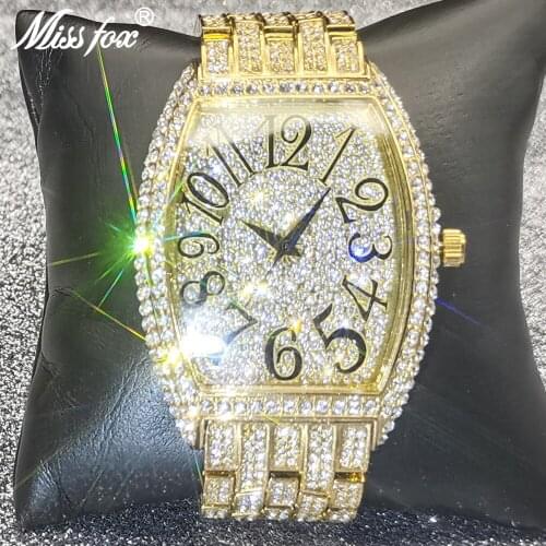 Hip Hop MISSFOX Full Iced Out Tonneau Men Watch Steel Fashion Luxury Rhinestones Quartz AAA Wristwatches Arab Business Clocks