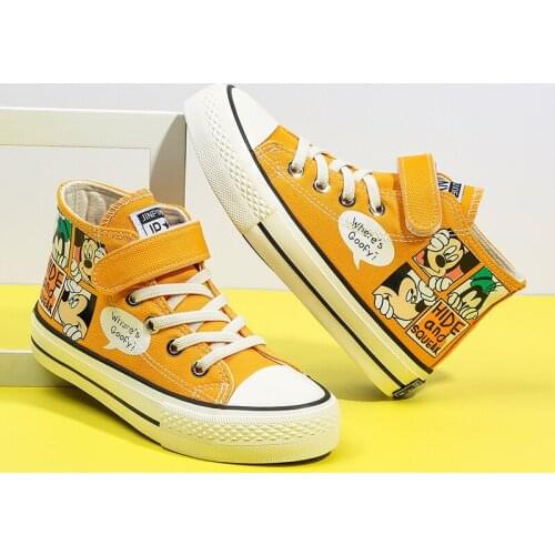 Cartoon Print Yellow Kids Canvas Shoes Cute Animal High Top Children Canvas Sneakers Hook & Loop Flat Sport Shoes For Boys Girls
