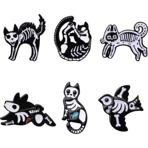 HOSENG Cat Pig Rabbit Penguin Bird Rat Clear Animal Skeleton Acrylic Brooch Halloween Cartoon Lapel Jewelry Enamel Pin HS_701