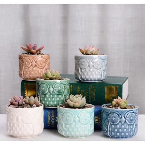 Ceramic Thumb Flowerpot Owl Succulent Plant Pot Kiln Flow Glaze Breathable Pot Small Vase for Desktop Ornaments Home Decor