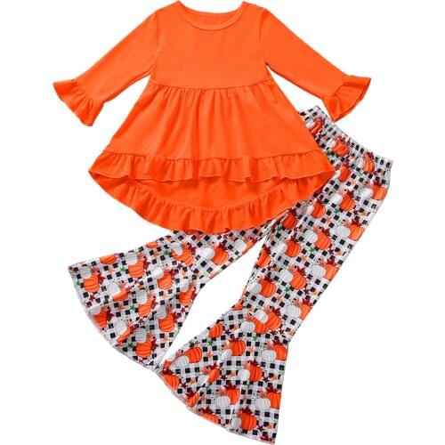 Kids Baby Girls Clothes Set, Solid Color Irregular Hem Long Sleeve O-neck Tops + Pumpkin Print Flared Trousers 18M-6T