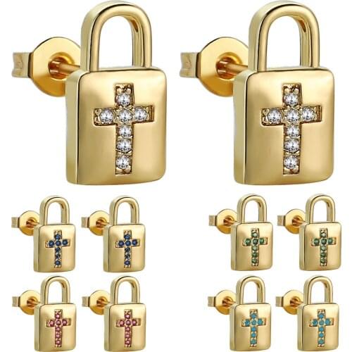 Fashion Gold Color Stud Copper Earrings Micro Pave Colorful Zircon Clear CZ lock Shape Cross Earrings For Women Party Jewelry