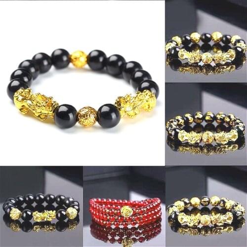 Feng Shui Obsidian Stone Beads Bracelet Men Women Unisex Wristband Gold Black Pixiu Wealth and Good Luck Women Bracelet