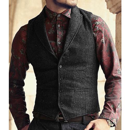 Mens Suit Vest Lapel V Neck Wool Herringbone Casual Formal Business Vest Waistcoat Groomman For Wedding Green/Black/Brown