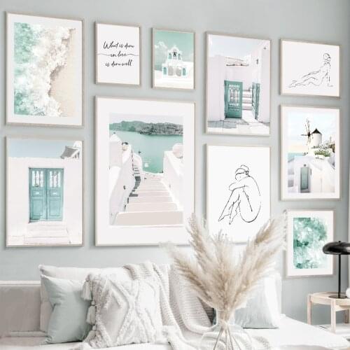 Blue White Church Coastal Town Abstract Girl Wall Art Canvas Painting Nordic Posters And Prints Wall Pictures For Living Room