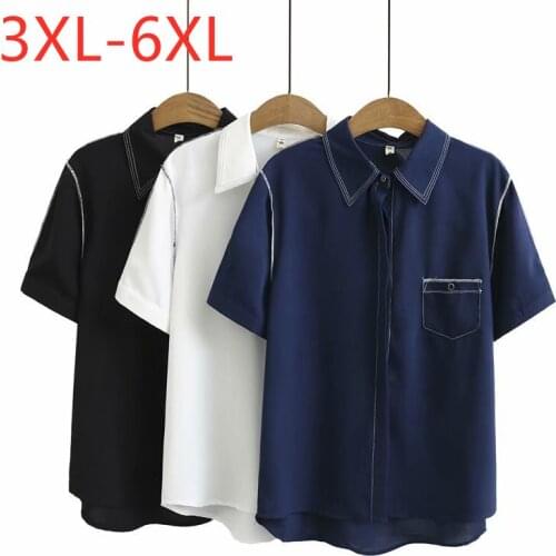 New 2021 Ladies Summer Plus Size Tops For Women Large Short Sleeve Casual Blue White Pocket Button Chiffon Shirt 3XL 4XL 5XL 6XL