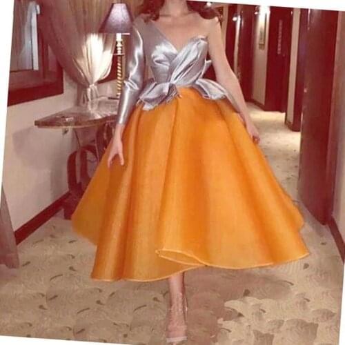 Orange Puffy Muslim Evening Dresses 2020 Long Sleeve Tea Length Organza Dubai Saudi Arabic Long Prom Dress Evening Gown