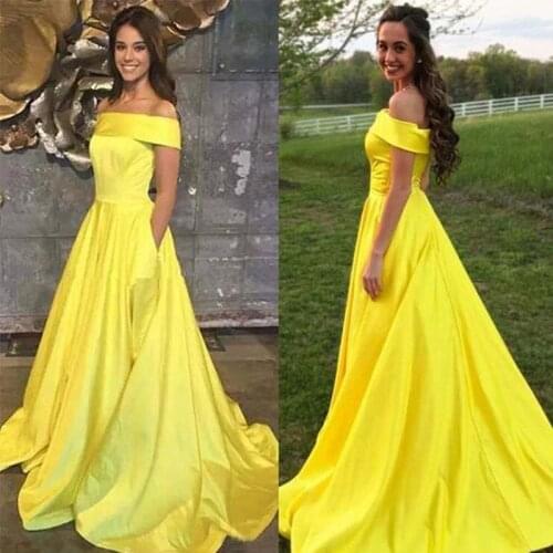 Off The Shoulder Prom Dresses With Pocket A-line Vestido De Noite Yellow Satin Elegant Long Prom Gowns Simple Formal Party Dress