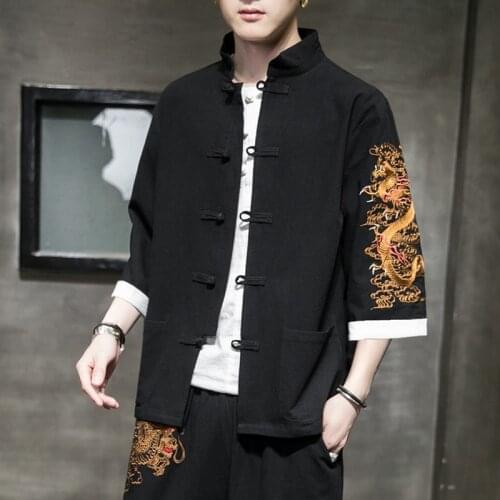 Chinese Dragon Shirt 2021 News Summer Embroider Tang Suit Kung Fu Clothes Vintage Traditional Chinese Clothing For Men Top 30474