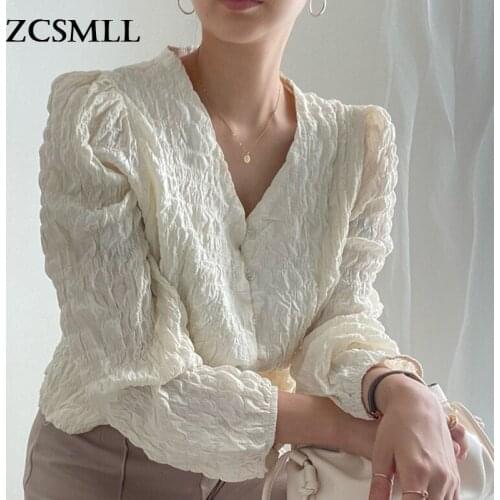 ZCSMLL French Slimming V-neck Single-breasted Wrinkle Design Loose Puff Sleeve Shirt Female Korean Autumn Women Tops