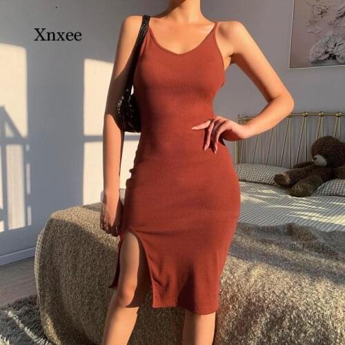 Spaghetti Strap Knitted Midi Dresses Summer Women Split Hem o Neck Sexy Sleeveless Skinny Elastic Party Pencil Dresses Bodycon