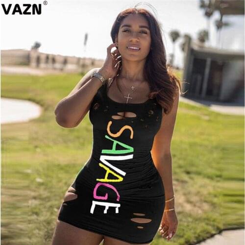 VAZN 2020 New Plus Size Special Sexy Club Hollow Out Top Open Young Letter Spaghetti Strap Soft Women High Waist Thin Mini Dress