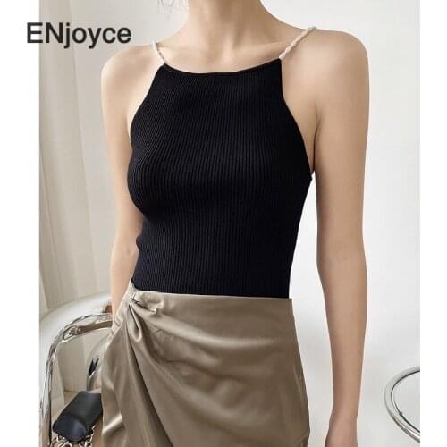 Women Vintage Pearl Strap Sexy Knitted Vest Spring Summer Ladies Slim Stripes Knitwear Sling Tank Top Female Camis Cropped Tops