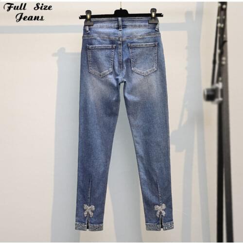 Summer Plus Size Rhinestone Beading Ankle Length Jeans 4Xl 5Xl 6Xl Female Oversized Stretch Nine Pencil Pants Slim Fit Trousers