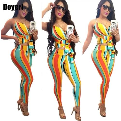 Striped Sexy 2 Piece Set Women Summer Two Piece Outfits Strap Crop Top and Pants Set Ladies Party Club Bodycon Matching Sets