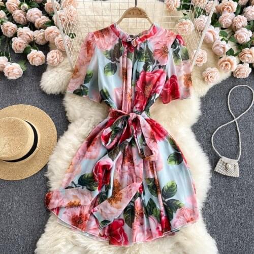 New Fashion Summer Elegant Women O Neck Short Sleeve Floral Print Ruffles Chiffon Mini Dress Sweet Ladies Dresses Vestido