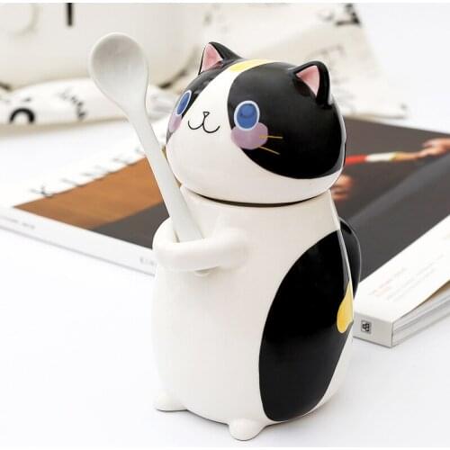 1Set Cute Cat Cup Breakfast Milk Coffee Cup Mug With Lid And Spoon Creative Ceramic Cup Animal Cuddle Cup Japanese Cartoon