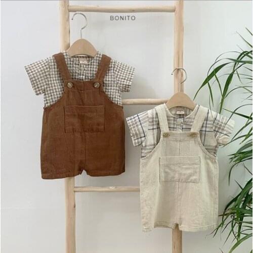 2021 New boys girls 2 pcs set plaid shirt+overalls cotton summer soft fashion kids suits