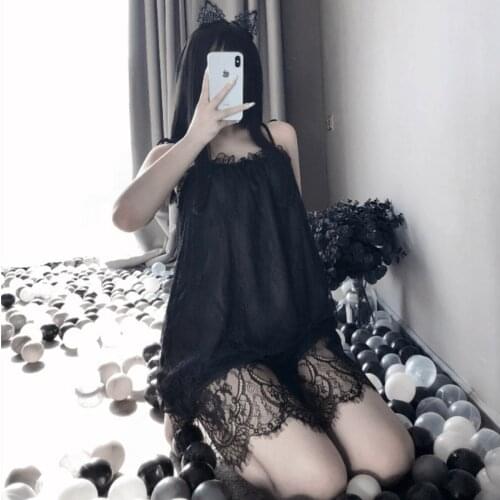 White Black Sexy Nightgown Lingerie Lace Sleepwear Mini Sling Nightdress Women Spaghetti Strap Summer Night Dress Plus M-XXL