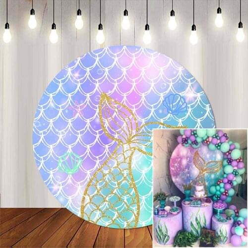 Shiny Golden Mermaid Birthday Party Round Backdrop Pink Girl Baby Shower Circle Photography Background Ring Cake Table Decor