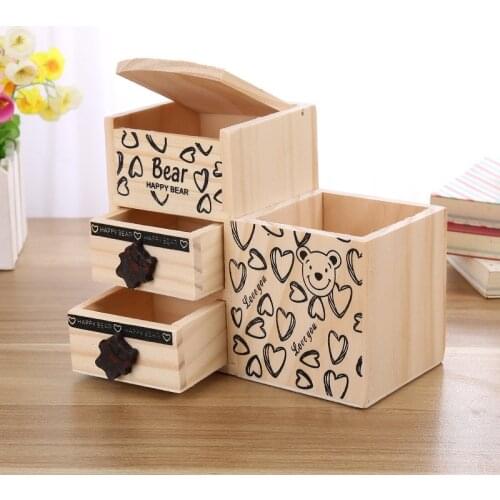 Bear Wooden Pen Holder Kawaii Desk Tidy Organizer Pencil Holder Cute Anime Cartoon Desktop Pen Pot Creative Office Accessories