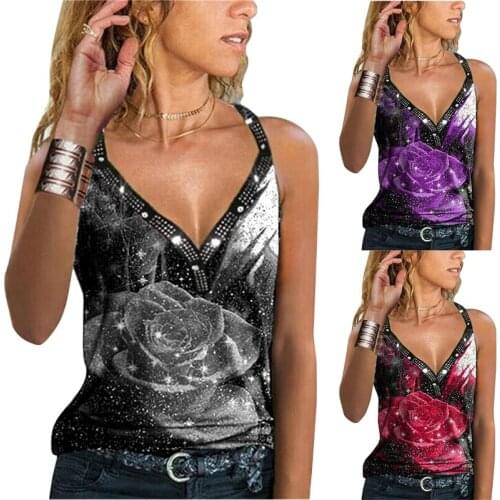 Womens Sleeveless T-shirt Summer Fashion Clothing Shirt New Loose V-neck Flower Print Vest Sexy Top