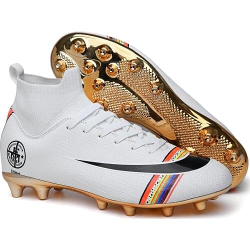 Gold plated bottom Boys Soccer Shoes High Top Kids Football Boots Men Breathable Soccer Cleats Antiskid Chaussure Football Shoes
