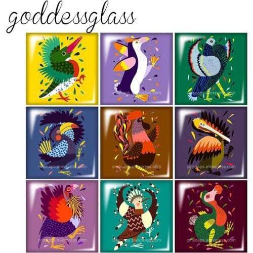 Artistic Birds Chicken penguin duck 10pcs 12mm/20mm/25mm/30mm Square photo glass cabochon demo flat back Making findings FB0184