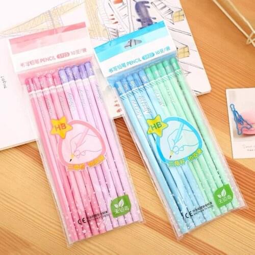 10/set HB Pencil Wooden Lead Triangle Pen Holder Childrens Writing Drawing Stationery Student Sketch Standard Pencil