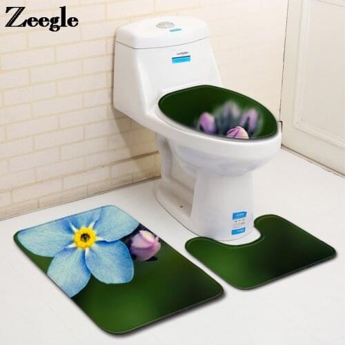 Bath Mat and Toilet Carpet in the Bathroom AntiSlip Toilet Seat Cushion AntiSlip Absorbent Fresh Flowers Printing Foot Rug Set