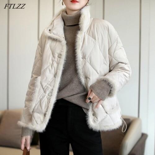 FTLZZ Winter Vintage Splicing Mink Hair Jacket Women White Duck Down Warm Coat Loose Light Feather Parker Solid Color Outwear
