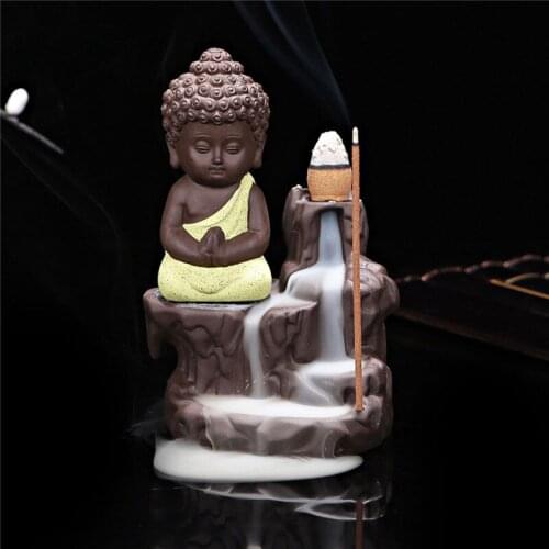 Small Buddha Monk Censer Backflow Stick Holder Incense Burner Home Decor 4PC a set