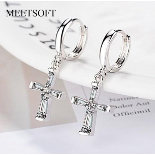 MEETSOFT 925 Sterling Silver Prevent Allergy Hoop Earrings for Women Trendy Small Cross Jewelry Gift