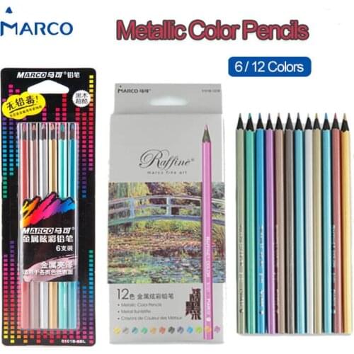 Marco Metallic Color Pencils Set 6/12 Colors Painting Fine Art Metal Crayon Black Wood Drawing Pen Stationery Art Supplies 5101