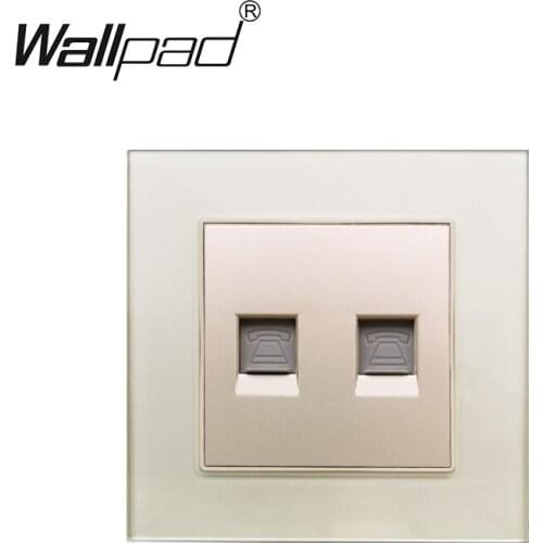 2 Tel Rj11 Wall Socket Tempered Gold Glass Panel Wallpad Double Telephone Ports 86mm * 86mm