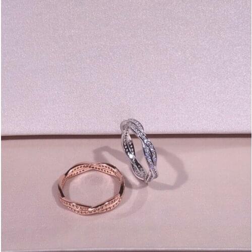 Authentic 100% 925 Sterling Silver Fate Wheel"Real 925 Sterling Silver Rose Gold Double Twisted Ring Paved Clear Lovely CZ Women
