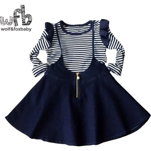 Retail 3-10 years sets Striped full-sleeved T-shirt + denim strap dress suit kids children spring autumn fall