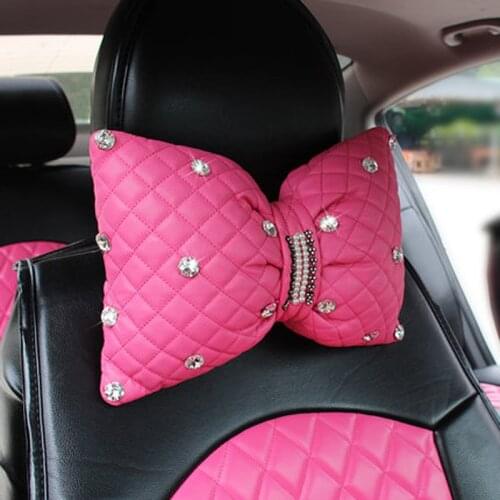 Rhinestone covered car headrest neck pillow for women girls leather waist supports back rest lumbar pillows seat accessories