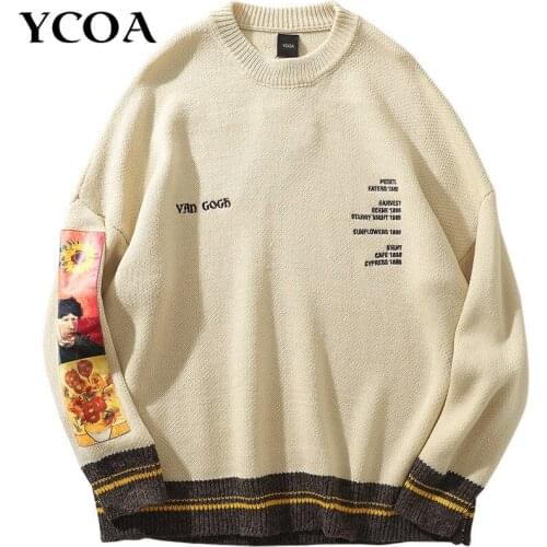 Women Sweater Oversize Pullover Tops Streetwear Gogh Painting Embroidery Knitted Vintage Autumn Sweaters Cotton Korean Clothing