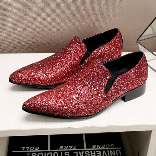 Designer shoes luxury 2019 red glitter mens wedding party dress shoes flat genuine leather velvet smoking slipper mocassin homme