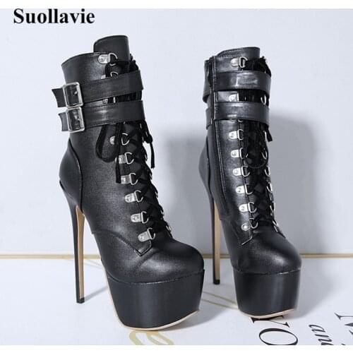 Suollavie Winter Autumn Women Round Toe Ankle Platform Boots Sexy Lady Thin High Heel Buckle Riding Punk Party Dress Shoes