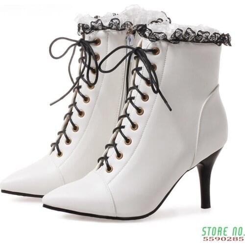 Winter Women Martin Boots 8cm Thin Spike High Heels White Black PU Casual Office Female Pointed Toe Lace Up Stiletto Ankle Boots