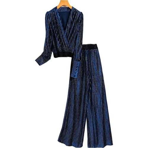 New Designer Women Two Piece Set Long Sleeve V Neck Tops Elastic Waist Wide Leg Pants Female Fashion Suit OL Style Two Piece Set