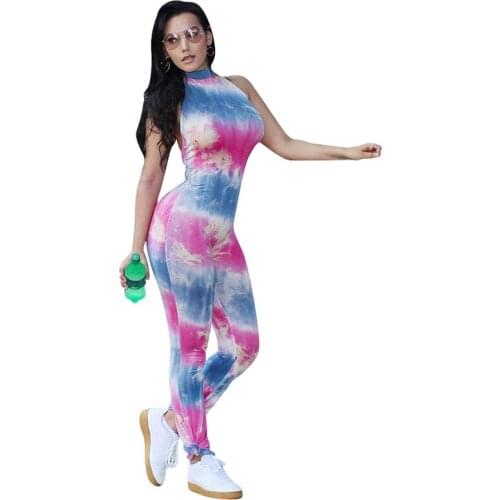 Tie Dye Jumpsuits and Rompers Women 2020 Summer Sleeveless Halter Neck Sexy Backless Bodycon Jumpsuit Overalls Macacao Feminino
