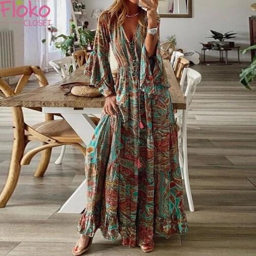 Flokocloset Sexy V-Neck Boho Dress Elegant Floral Print Tassel Party Dress Autumn Vintage Print Casual Lady Long Dress