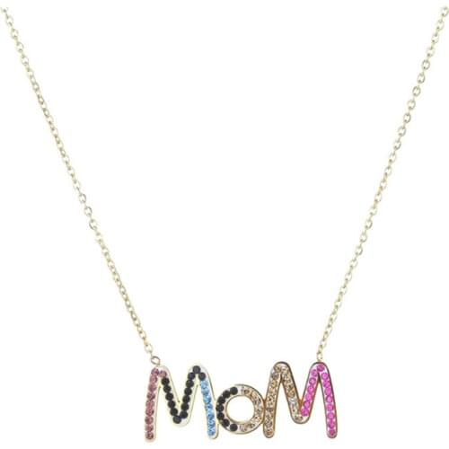 316L Stainless Steel Womens Exquisite Letter MOM Necklace Simple Color Inlaid Crystal Titanium Steel Necklace For Women