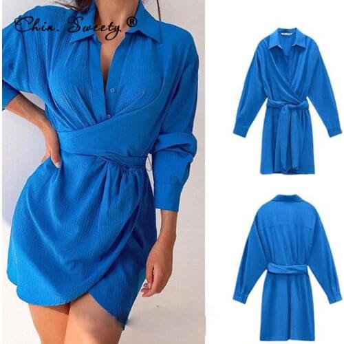 Blue Womens Long Sleeve Mini Shirt Dresses 2021 Autumn Slim Lace Up Ruched Turn-down Collar Dress Lady Fashion Office Vestidos