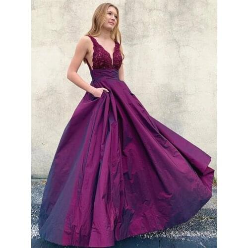 Plum Beaded Appliques Prom Dress 2021 Double V Neck A Line Evening Formal Party Dress robe de soiree