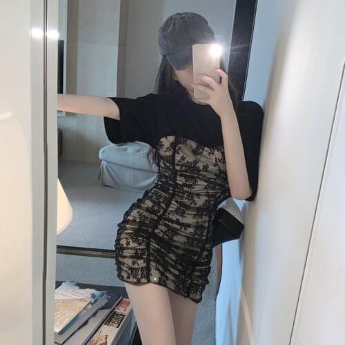 2style O Neck Short Sleeve Black Mesh Lace Tshirts Dress Women Mini Sexy Patchwork Summer Wrap Hip Temperament Vestido De Mujer